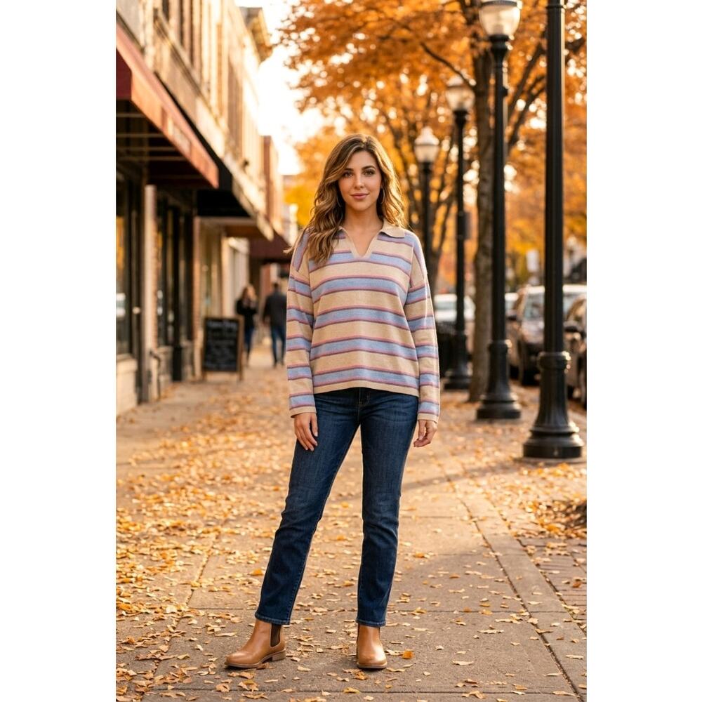 Evaless Women’s Striped Knit Sweater V‑Neck Apricot Multicolor Size L NWT
